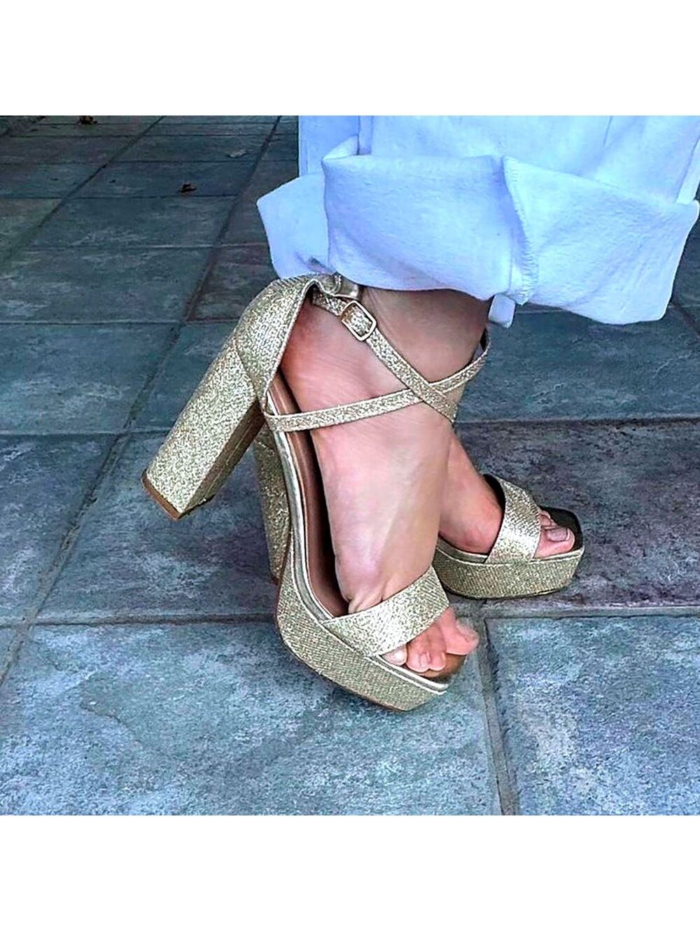 Arromic Gold Glitter Platform Block Heel Sandals – Size 8